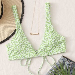 Green Leopard Triangle Plunge Bikini Swimsuit Top